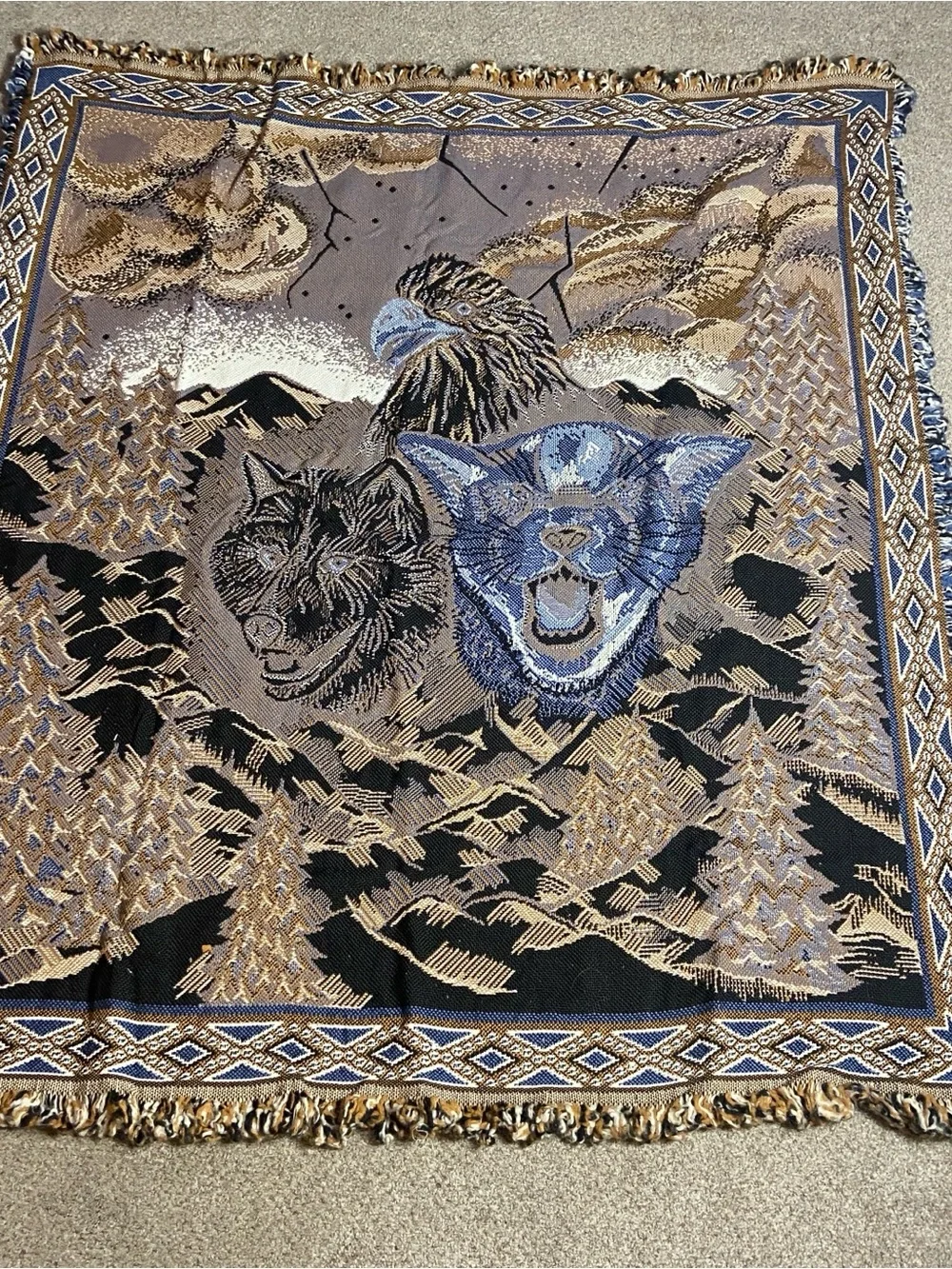 Eagle, Wolf & Cougar Woven Tapestry Throw - Blue, White & Brown 56 x 48 inches
